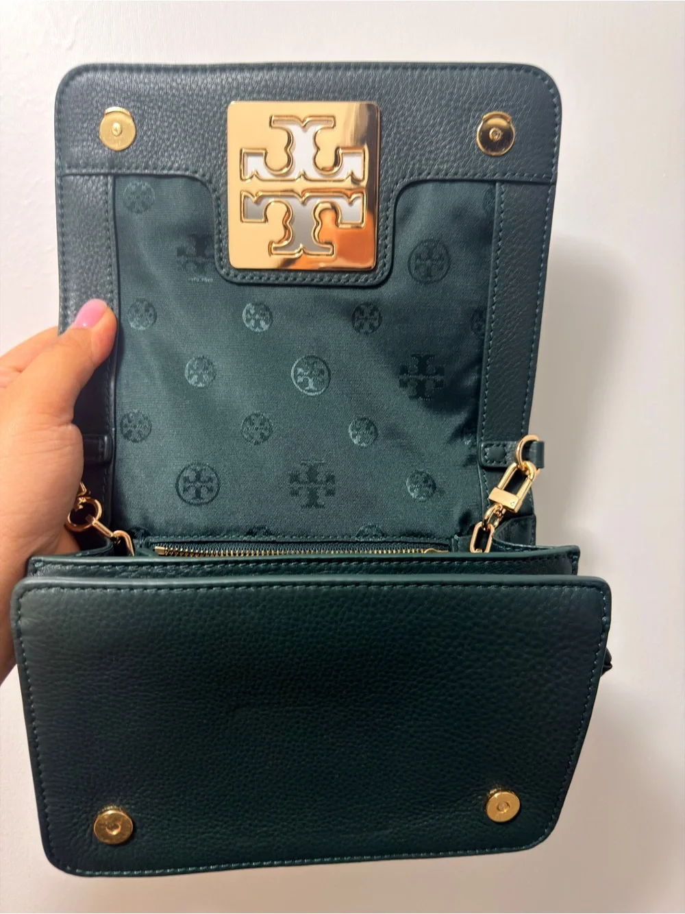 Tory Burch Teal Pebbled Leather Crossbody with Gold Logo